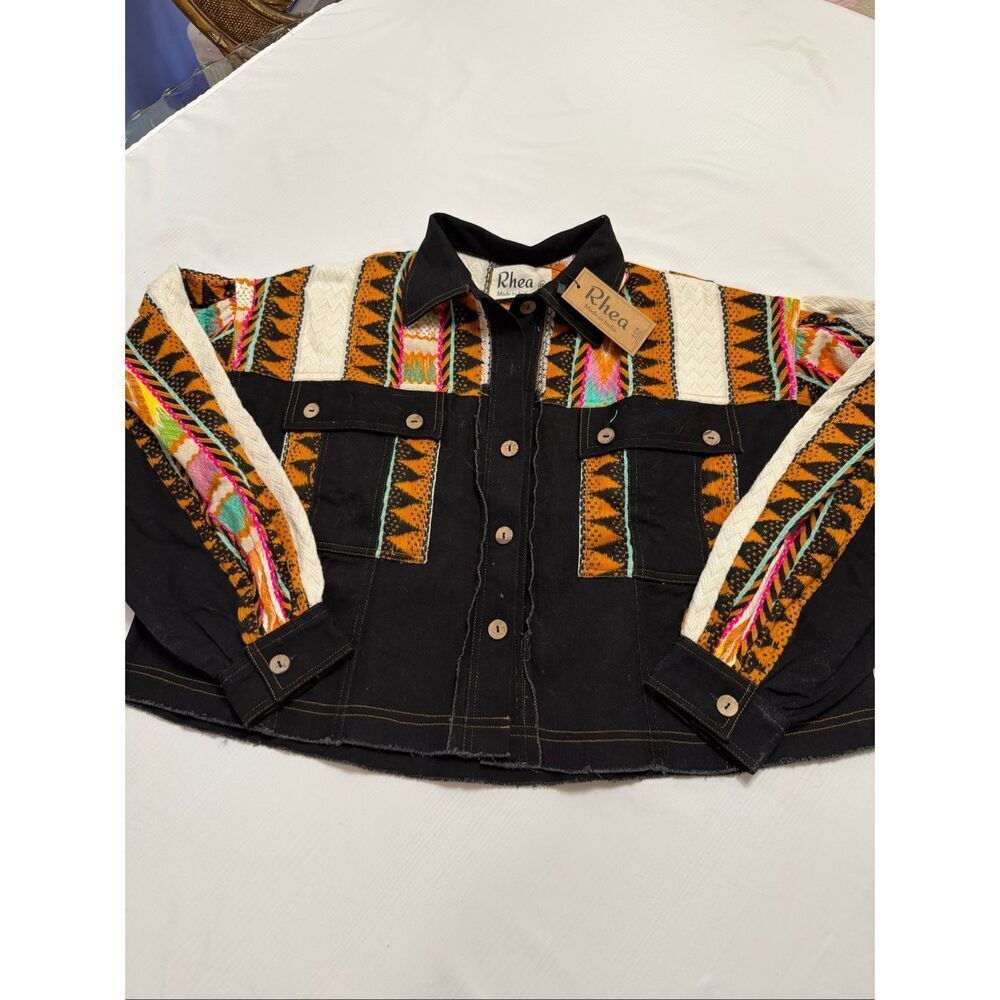 Rhea Hannah Crop India Black Multicolor Embroidered Hippie Boho Jacket Size S/M